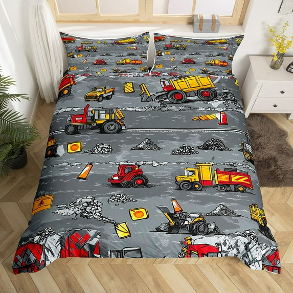 Equipment Excavator Bedding Set,Construction Trucks Duvet Cover King Size,Tractor Bed Sets,Vehicle Cars Quilt Cover with 2 Pillowcases for Bedroom(No Comforter)