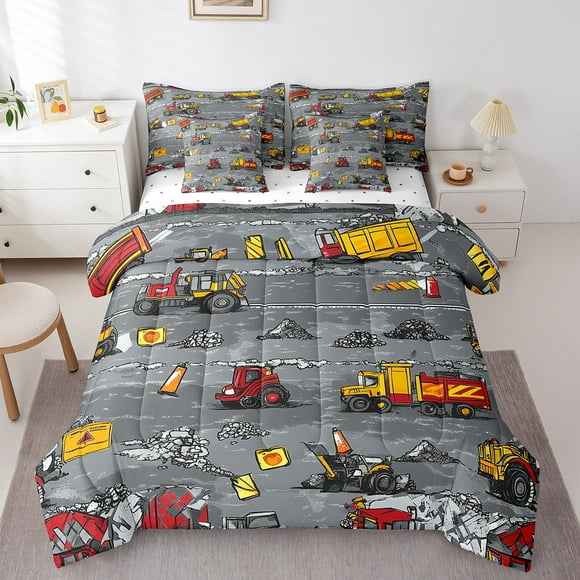 Equipment Excavator Comforter Set - 7 Pieces Bed in A Bag Construction Trucks Comforters Twin Size,Tractor Bedding Sets with Comforter,Flat Sheet,Fitted Sheet and Pillowcases & Shams
