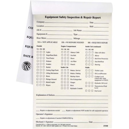 Equipment Safety Inspection Report 10-pk. - Book Format, 2-Ply, Carbonless, 5.5" x 8.5", 31 Sets of Forms Per Book - Detailed Report Helps Maintain Safe Workplace Utility Vehicles - J. J. Keller