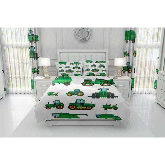 Equipment Trucks Duvet Cover Set Twin, Excavators Comforter Cover, Boys Green Cartoon Vehicle Bedding Set Machinery Tractor Construction Site Car Duvet Cover Sets for Child Kids Girls Teens