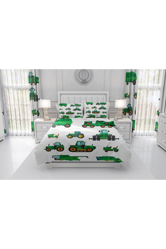 Equipment Trucks Duvet Cover Set Twin, Excavators Comforter Cover, Boys Green Cartoon Vehicle Bedding Set Machinery Tractor Construction Site Car Duvet Cover Sets for Child Kids Girls Teens