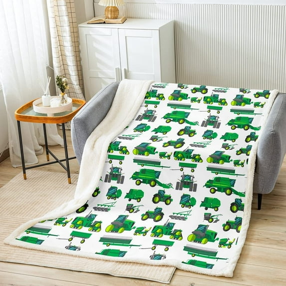 Equipment Trucks Sherpa Blanket Kids Boys Excavators Fleece Throw Blanket for Bed Sofa Couch Children Green Vehicle Plush Blanket Soft Construction Tractor Decor Fuzzy Blanket Baby 30"x40"