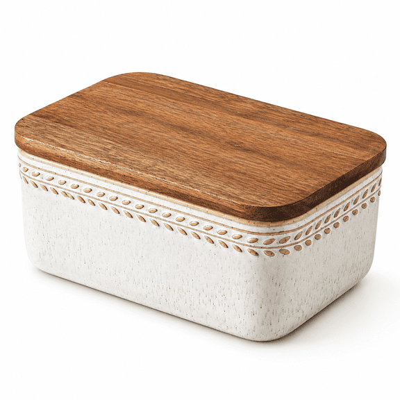 Er Dish With Lid For Countertop Ceramic Container Embossed Keeper Wood And Airtight Cover Farmhouse Decor - Set Of 1 Brich