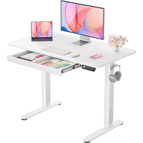 ErGear 44" x 24" Electric Standing Desk with Drawers, Height Adjustable Desk with 4 Preset Heights, Ergonomic Rising Home Office Computer Table with Splice Board, White