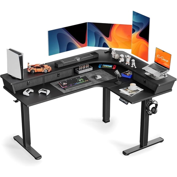 ErGear Electric L Shaped Standing Desk, 65'' Height Adjustable Corner Stand up Desk with Storage Drawers & Cable Management Trays, Modern Home Office Computer Workstation, Black