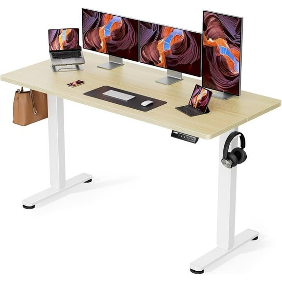 ErGear Height Adjustable Electric Standing Desk, 63 x 28 Inches Sit Stand up Desk, Large Memory Computer Home Office Desk with Two-Piece Desktop (Natural)