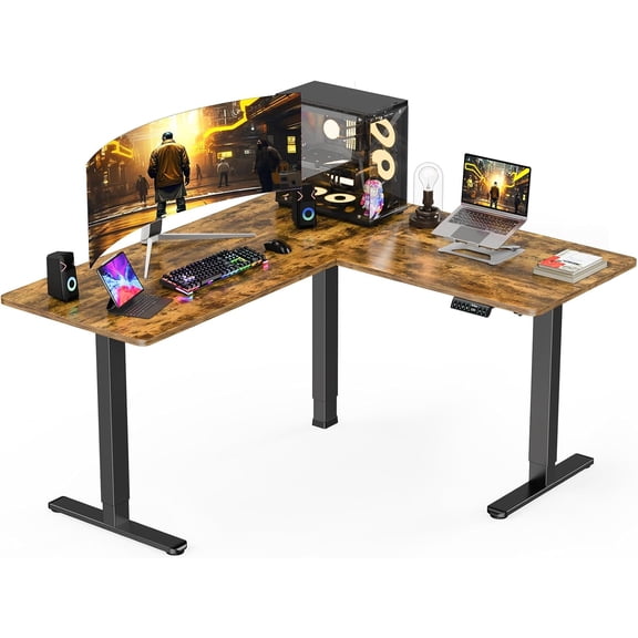 ErGear L Shaped Standing Desk, 63"x55" Electric Adjustable Height Sit Stand up Desk, Ergonomic Large Computer Table, Left & Right Interchangeable Installation, Suitable for Home Office, Vintage Brown