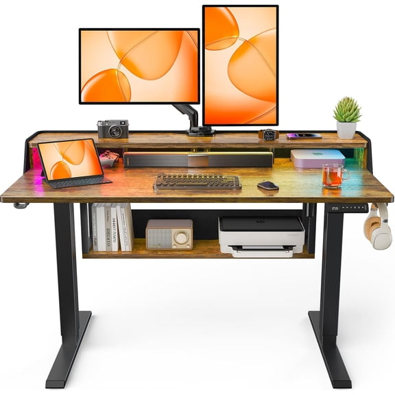 ErGear Standing Desk, 48" x 24" Electric Height Adjustable Desk with Storage Shelves, C-Clamp Mount Compatible Gaming Desk, Ergonomic Sit Stand Up Down Computer Table with LED Light, Vintage Brown