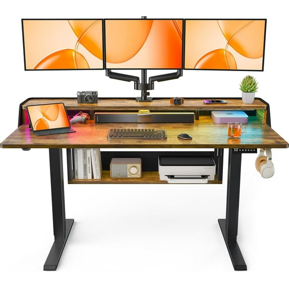 ErGear Standing Desk, 55" x 28" Electric Height Adjustable Desk with Shelves, Vintage Brown