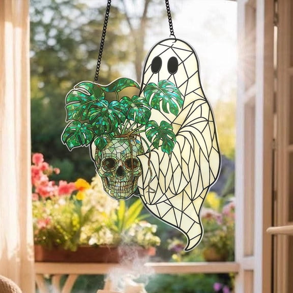 Era Gift Acrylic Cute Ghost Plant Suncatcher,Ghost and Monstera Acrylic Ornament,Halloween Ghost Window Hangings,Gift For Mom,Plant Lovers Gift