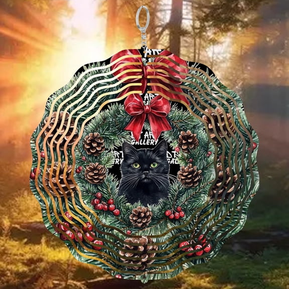Era Gift Black Cat Wind Spinner, Christmas Wreath 3D Kinetic Art, Pet Lover Holiday Gift