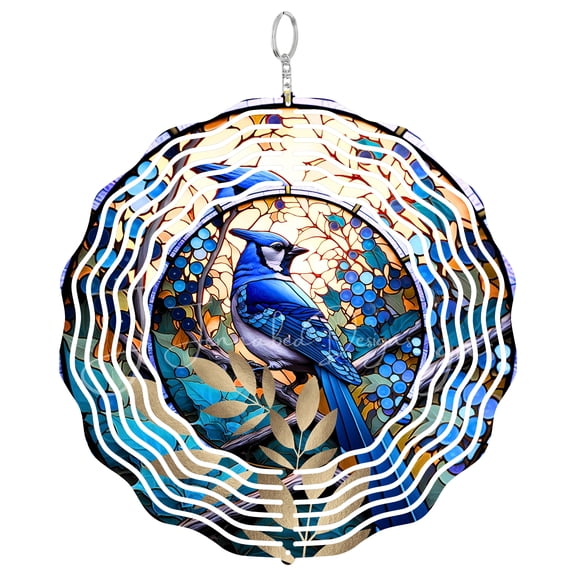 Era Gift Blue Jay Bird Floral Sun Catcher 3D Wind Spinner, Stainless Steel Kinetic Art, Spring Nature Decor, Bird Gift, 10 Inch