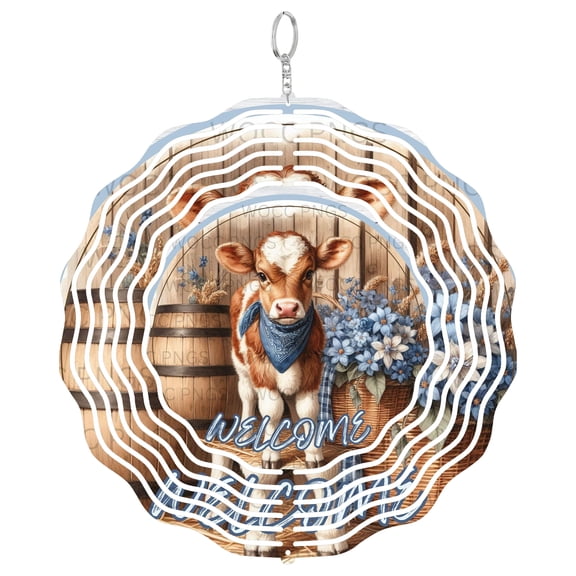Era Gift Calf Blue Bandana Sun Catcher 3D Wind Spinner, Stainless Steel Kinetic Art, Farm Animal Decor, Cute Cow Gift, 10 Inch