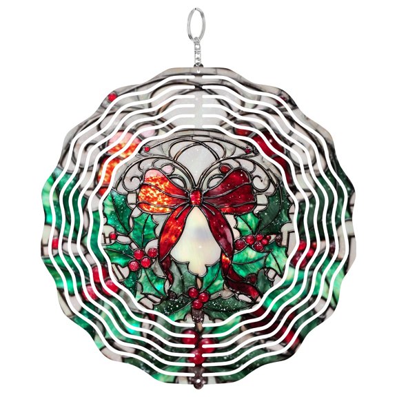 Era Gift Christmas Bell Red Bow Sun Catcher 3D Wind Spinner, Stainless Steel Kinetic Art, Holiday Chime Decor, Festive Gift, 10 Inch