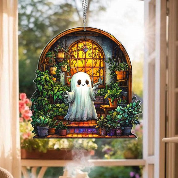 Era Gift Cute Ghost Greenhouse Acrylic Suncatcher Ornament,Halloween Ghost Acrylic Window Hangings,Gift For Mom,Halloween Home Decor,Plant Lovers Gift
