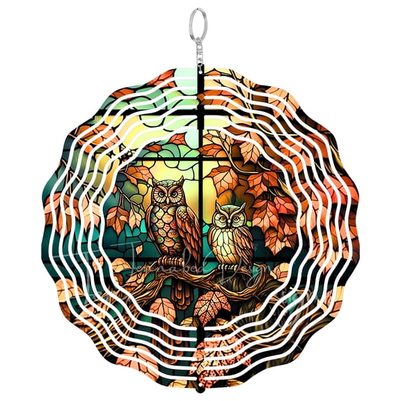 Era Gift Fall Owls Sun Catcher 3D Wind Spinner, Stainless Steel Kinetic Art, Autumn Bird Decor, Wise Gift, 10 Inch
