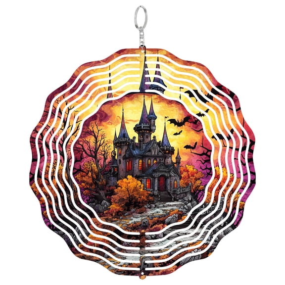 Era Gift Gothic Castle Wind Spinner, Spooky Halloween 3D Kinetic Art, Stainless Steel Decor
