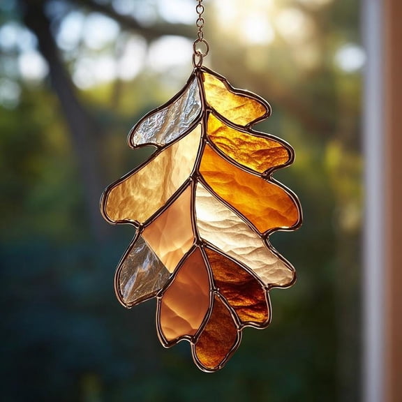 Era Gift Handmade Stained Oak Leaf Suncatcher - Autumn Brown Leaf Window Hanging Fall Decor Gift, Fall Garden Decor, Amber, Gold & Bronze Glass Art