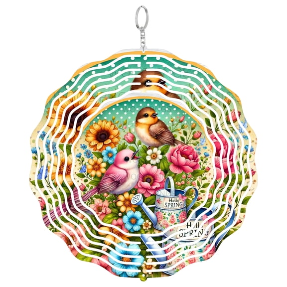 Era Gift Hello Spring Birds Sun Catcher 3D Wind Spinner, Stainless Steel Kinetic Art, Garden Nature Decor, Bird Lover Gift, 10 Inch