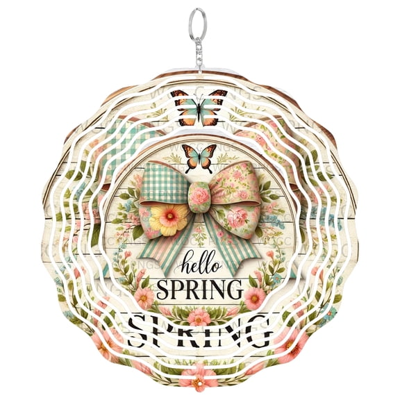 Era Gift Hello Spring Floral Bow Sun Catcher 3D Wind Spinner, Stainless Steel Kinetic Art, Seasonal Door Decor, Gardener Gift, 10 Inch