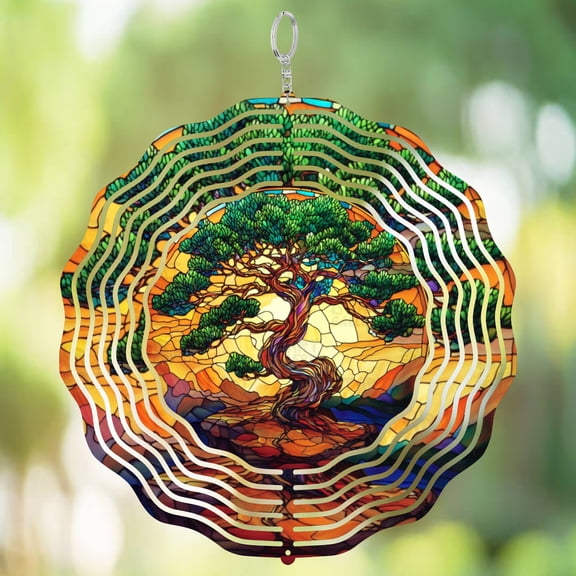 Era Gift Japanese Bonsai Tree Wind Spinner, Stained Glass Style 3D Kinetic Art, Garden Decor