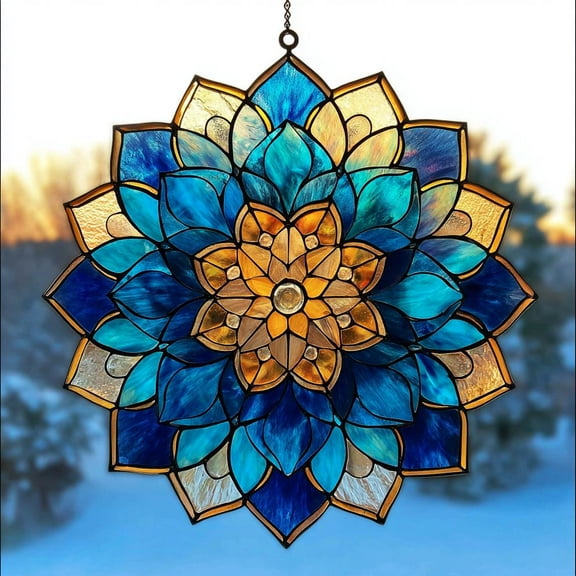 Era Gift Large Blue and Gold Mandala Stained Suncatcher Handmade Lotus Flower Window Hanging, Boho Home Decor, Spiritual Meditation Gift