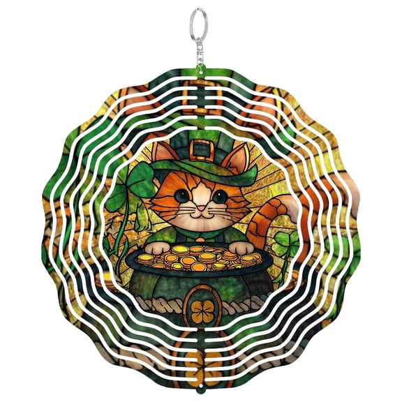 Era Gift Lucky Cat St Patrick Day Sun Catcher 3D Wind Spinner, Stainless Steel Kinetic Art, Irish Kitty Decor, Shamrock Gift, 10 Inch
