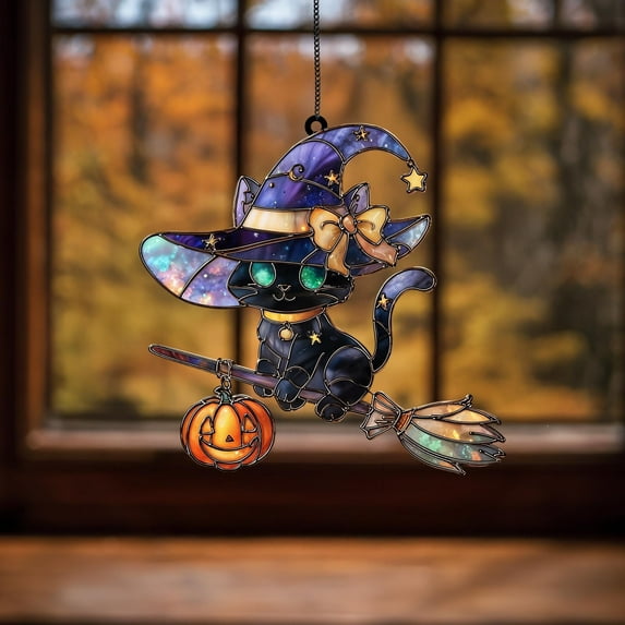 Era Gift Magical Witch Cat Stained Glass Suncatcher Halloween Kitty with Broom & Pumpkin Purple Galaxy Hat Window Hanging Ornament