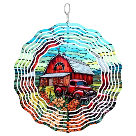Era Gift Old Red Barn Truck Sun Catcher 3D Wind Spinner, Stainless Steel Kinetic Art, Farmhouse Nostalgia Decor, Country Gift, 10 Inch