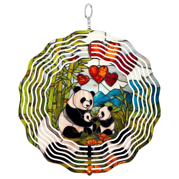 Era Gift Panda Family Cute Sun Catcher 3D Wind Spinner, Stainless Steel Kinetic Art, Bamboo Bear Decor, Animal Gift, 10 Inch