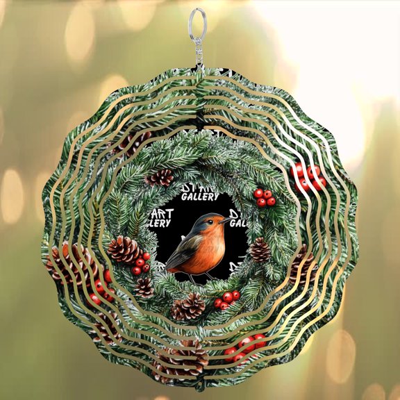 Era Gift Robin Bird Wind Spinner, Christmas Wreath 3D Kinetic Art, Nature Lover Gift