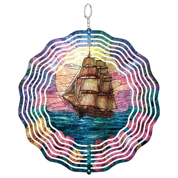 Era Gift Sailing Ship Sunset Wind Chime, Nautical 3D Wind Spinner Style UV Glass Art