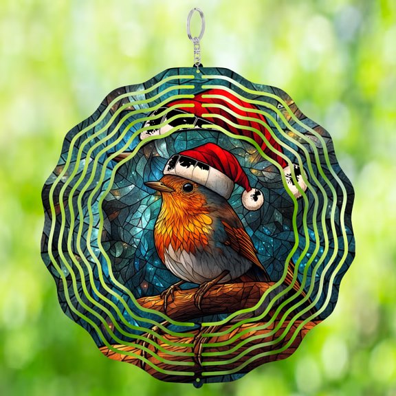 Era Gift Santa Hat Robin Wind Spinner, Bird Stained Glass Style 3D Kinetic Art, Holiday Decor