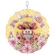 Era Gift Spring Highland Cow Wind Spinner, Farmhouse Hello Spring 3D Kinetic Art, Outdoor Gift