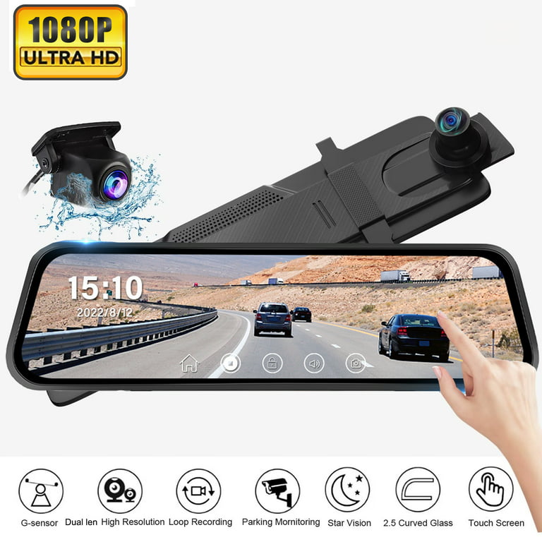Erago Rear View Mirror Camera, Dash Cam Front and Rear Full Touch Screen  FHD 1080p for Car , Waterproof Backup WDR Camera, Night Vision, G-Sensor,  Parking Moniter 