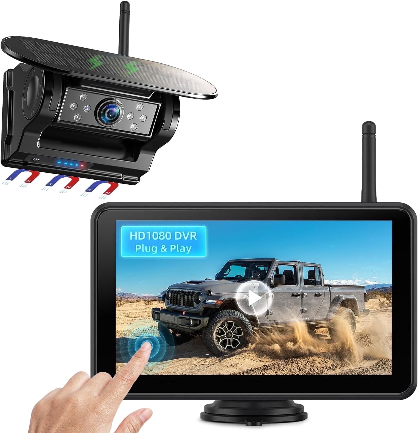 Erapta Magnetic Solar Wireless Backup Camera 7 Inch 1080P HD Touchscreen wIth DVR, IR Night Vison for Trailer/Truck/Small RV/Camper/Tractor