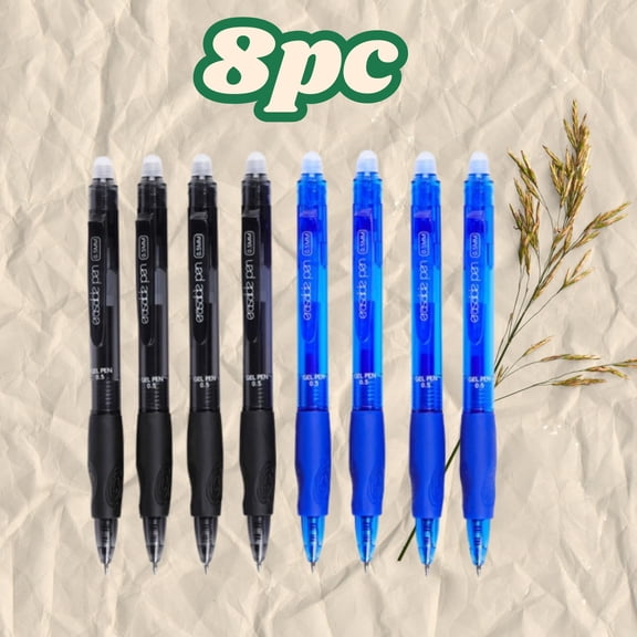 Erasable Ballpoint Pens Set | Fine 0.5mm Rollerball Nib | 4 Black 4 Blue Ink | Heat-Sensitive Ink | Built-In Eraser | Comfortable Grip | 8 Pack | Plastic Barrel