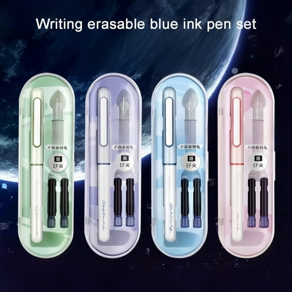 Erasable Blue Ink Pen Set | EF Point Stainless Steel Nib | Smooth Non-Splash Writing | Includes 1 Steel Pen 2 Refills 1 Grip Rod | Durable Plastic | 2ml | Versatile Colors