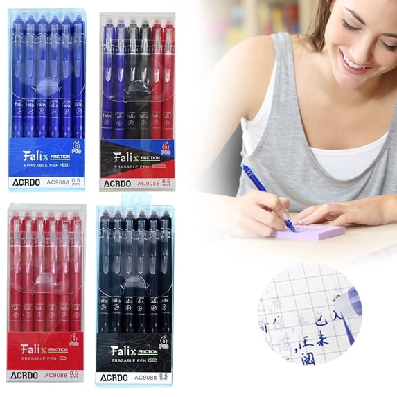 6Pcs Erasable Gel Ink Pens, Retractable Pens Black Ink Smooth Writing Pens 0.5mm Fine Point Pen for Drawing Writing Planner and Study Black