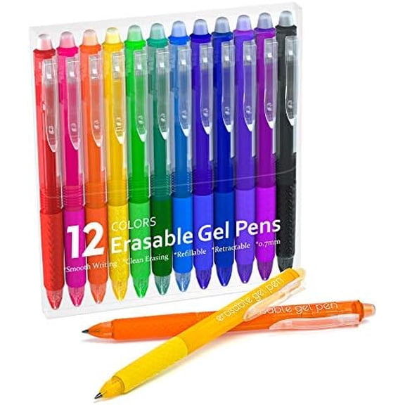 Erasable Gel Pens, 12 Colors Retractable Fine Point Erasable Pens Clicker, Assorted Color Inks, Make Mistakes Disappear for Drawing Writing Planner and Crossword Puzzles