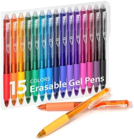 Erasable Gel Pens, 15 Colors Retractable Fine Point Erasable Pens Clicker, Fine Point(0.5mm), Assorted Color Inks, Make Mistakes Disappear for Drawing Writing Planner and Crossword Puzzles