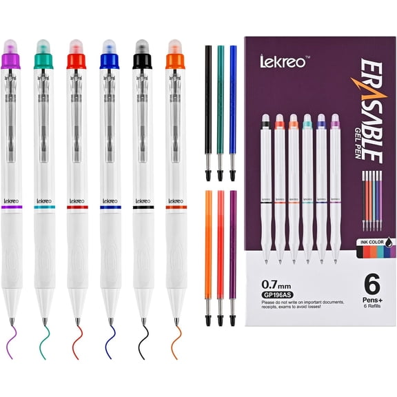 Erasable Gel Pens, 6 Colors Retractable 0.7mm Fine Point Erasable Pens Clicker + 6 Counts Refills, Assorted Color Inks, Make Mistakes Disappear for Writing Planner Drawing and Crossword Puzzles