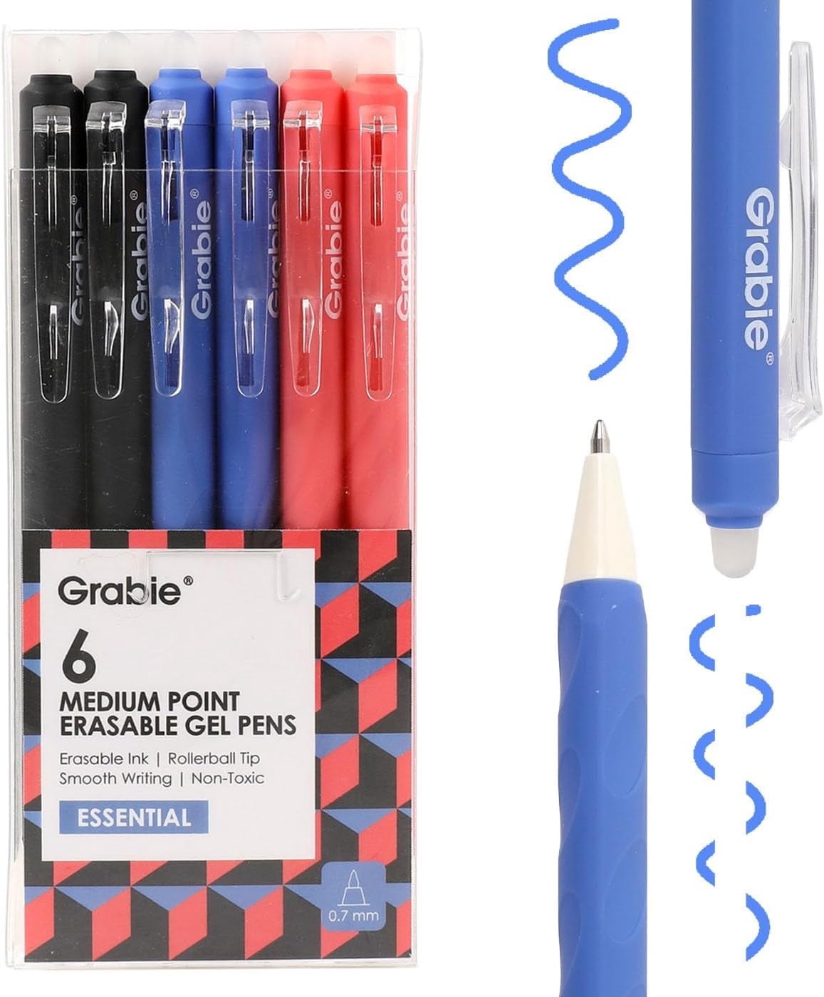 Erasable Gel Pens, Medium Point 0.7 mm Erasable Pens, Make Mistakes Disappear for Drawing Writing Planner, Pack of 6, Black/Blue/Red