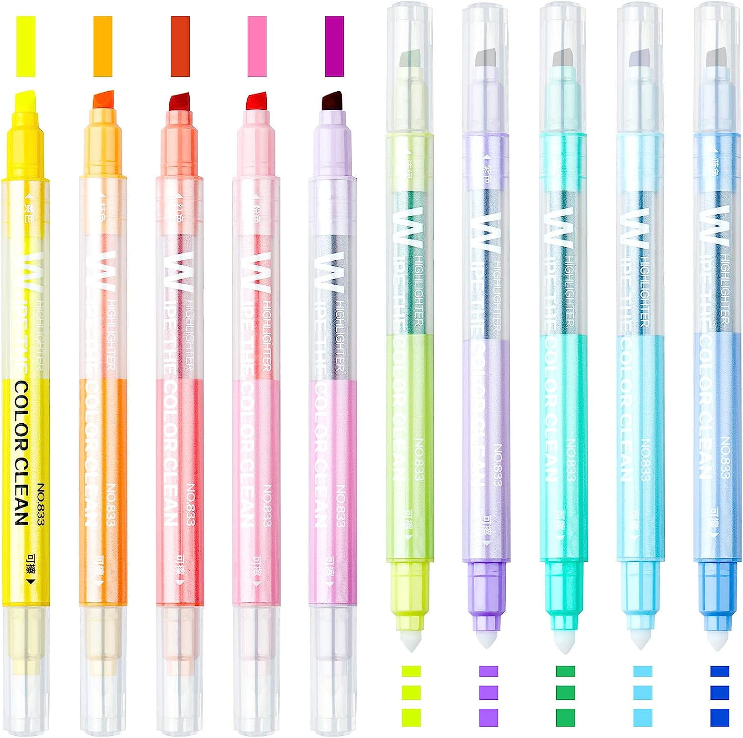 Erasable Highlighter Set 10 Colors Dual Tip Highlighter, Smooth Writing Highlighter Pens