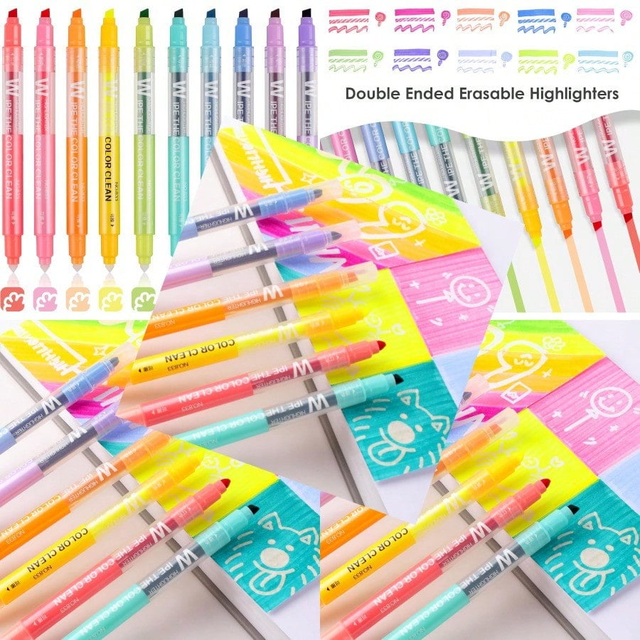 Erasable Highlighters Dual Tip 10 Pack Highlighters Assorted Colors Erasable Smooth Writing Book Journaling No Bleeding Highlighter Pens for Bible Journal Planner