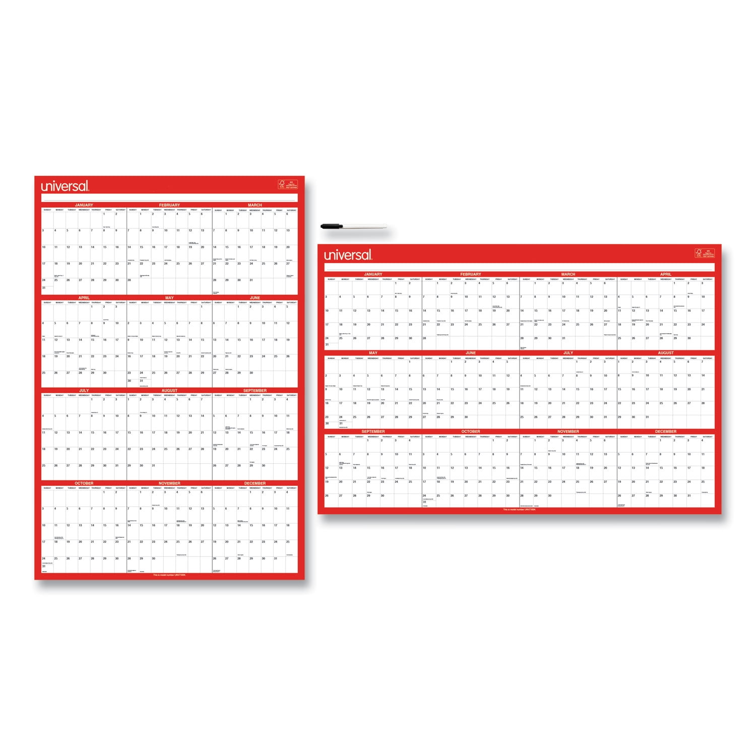 Erasable Wall Calendar, 24 x 36, White/Red Sheets, 12Month (Jan to Dec