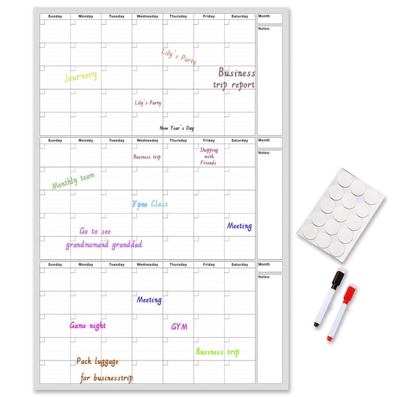 Erasable Wall Calendar – Undated 3-Month Layout, Large Dry-Erase PET Surface, Writable Monthly Planner for Home & Office Organization, Includes 2 Markers & 15 Double-Sided Sticky Dots, A