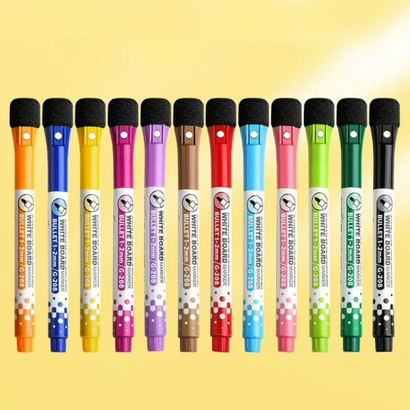 Erasable Whiteboard Markers Set 12 Pack | Magnetic Cap With Built-In Eraser • Fine Point Fiber Tip Multicolor • Low Odor Water-Based Ink | Durable Plastic Barrel for Office, Home, Classroom