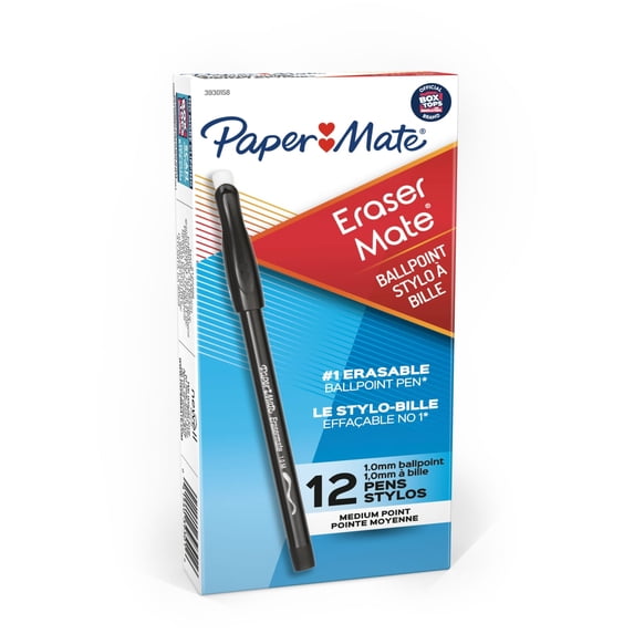 Paper Mate EraserMate Erasable Pen, Medium Point, Black, Box of 12