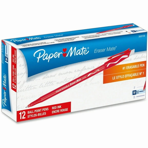 Eraser Mate Ballpoint Pen, Stick, Medium 1 Mm, Red Ink, Red Barrel, Dozen
